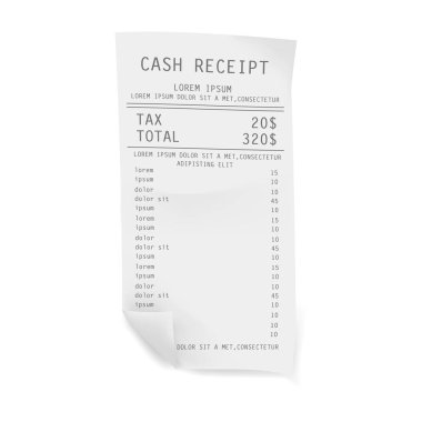 Cash receipt from supermarket with tax and total sum. Vector register sale receipt print on paper. Realistic financial atm transaction check clipart