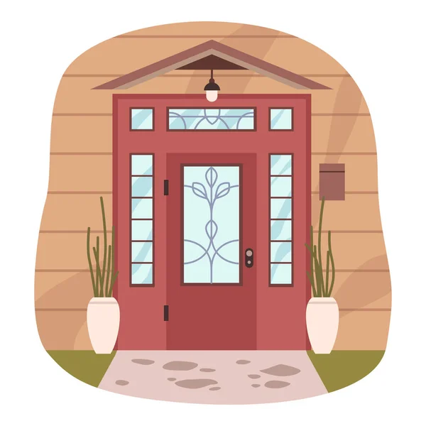Drzwi Wejściowe Domu Izolowany Ganek Lub Ścieżka Prowadząca Domu Rośliny — Wektor stockowy