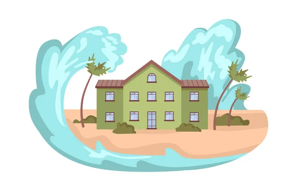 Tsunami Natural Disaster Catastrophe Isolated High Sea Wave Ruining Houses — Stock Vector