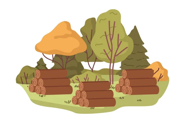 森林与木块 运输和储存树干供热和建筑的目的 森林砍伐灾难 自然可再生资源 矢量呈扁平型 — 图库矢量图片