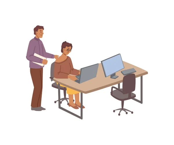 在办公室工作的人 孤立无援的坐在电脑前打字的员工 具有文档查询和交互功能的老板或经理 平面卡通风格的矢量 — 图库矢量图片