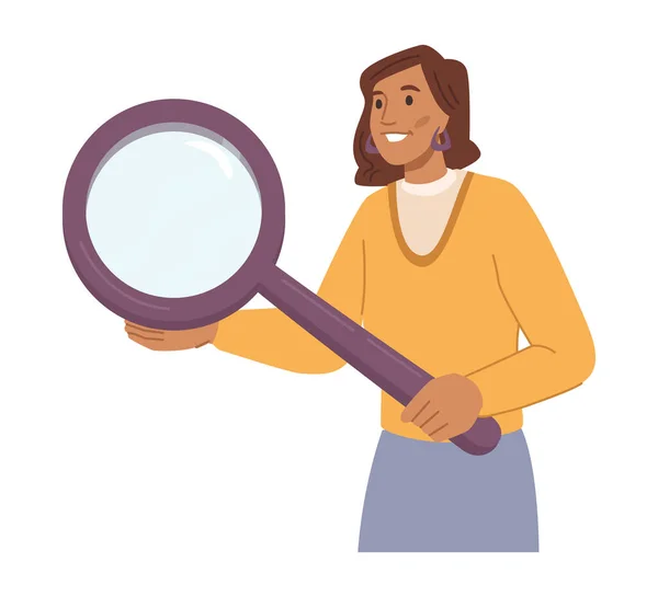 Searching Tools Instruments Isolated Female Character Smile Face Holding Magnifying — Stock Vector
