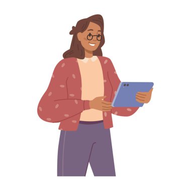 Elinde tablet ya da laptop tutan çalışanlar iş projesinde çalışıyor. Şirket organizasyonunun görevleri ve geliştirilmesi. Düz çizgi film karakteri, düz biçimli vektör