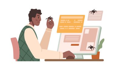 Programcı yazılım, test ve onarım hatalarını buluyor. Erkek, bilgisayar başında oturmuş online program ve web sitelerini geliştiriyor. Çizgi film tarzında vektör