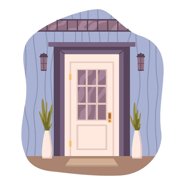 Drzwi Domu Izolowane Wej Cie Domu Portyk Matą Roślinami Domowymi — Wektor stockowy