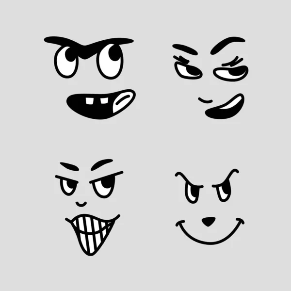 Grinsende Mimik Von Comicfiguren Isolierte Gesichter Mit Bösem Blick Und — Stockvektor