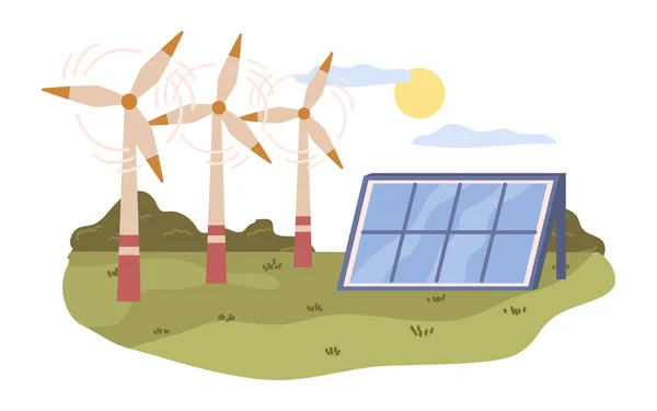 太阳能和风能发电厂积累能源 研磨机和面板 生态和环境友好的方式 自然可再生资源 矢量呈扁平型 — 图库矢量图片