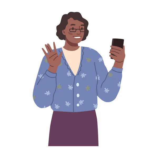 Жіночий Персонаж Спілкується Телефону Відеодзвінки Говорять Привіт Вітання Онлайн Жінка — стоковий вектор