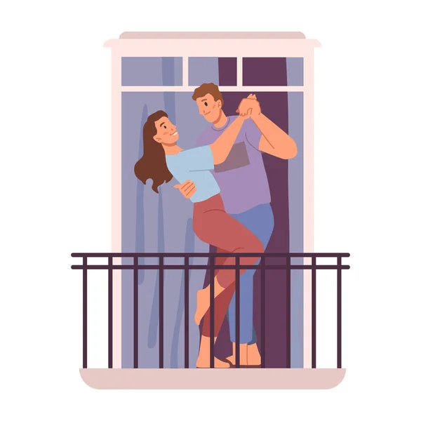 恋爱中的男女在室外阳台上跳舞 男人和女人都喜欢浪漫的约会或夜晚 卡通人物 平面矢量 — 图库矢量图片