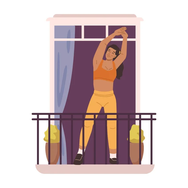 穿着运动服的女运动员站在阳台上做早操和家庭体育活动 制定和领导积极的生活 卡通人物 平面矢量 — 图库矢量图片