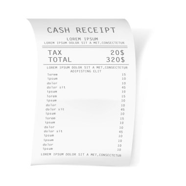 Kasa satışı makbuzu, kağıda basılı vergi ve toplam tutarı. Gerçekçi mali ATM işlem kontrol simgesi. Kafe veya süpermarketten nakit makbuzu