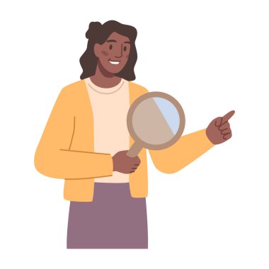 İş adamı elinde büyüteçle çözüm arıyor. Proje geliştirme aracı olan yalnız bir kadın. Düz çizgi film karakteri, düz biçimli vektör