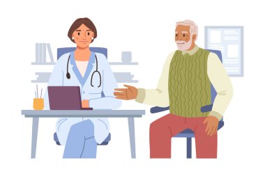 Doktor kıdemli bir adama danışmanlık ve sağlık tavsiyesi veriyor. İhtiyara reçete yazıp tedavi etmek. Düz çizgi film karakteri, düz biçimli vektör