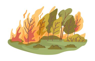 Vahşi ateş doğal afet ve felaket, yanan orman ve orman. Ağaçlar ve çalılar alevler içinde, iklim değişikliği ve doğa felaketi. Düz biçimli vektör