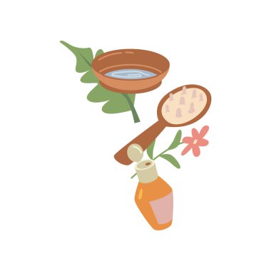 Sağlık için spa salonu prosedürleri ve kozmetik ürünleri. İzole edilmiş şişe losyonu, krema ya da yağlı, çiçekli ve suyla dolu bir kâse. Çizgi film tarzında vektör