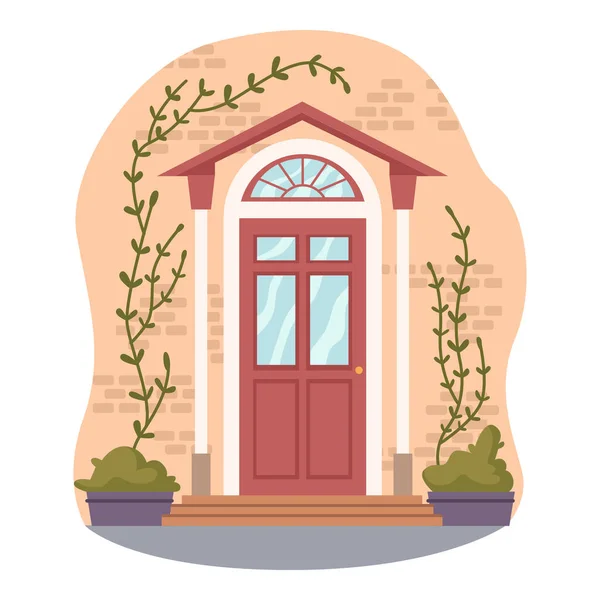 Входные Двери Дома Домашнее Крыльцо Отделкой Горшки Растениями Плетение Цветов — стоковый вектор