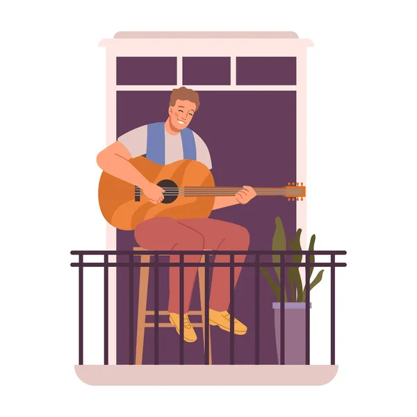 Musicien Jouant Guitare Assis Sur Balcon Maison Homme Avec Instrument — Image vectorielle
