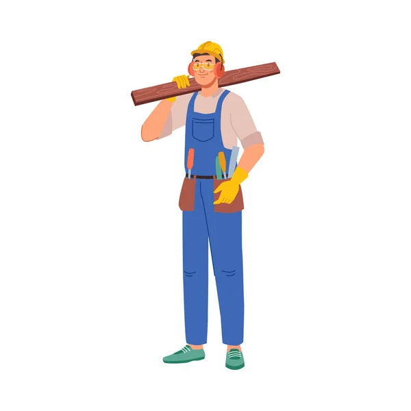 从事建筑建设的建筑商 身穿制服 头戴硬礼帽 手持木制圆木的孤立无援的人 人物或人物 平面卡通风格的载体 — 图库矢量图片