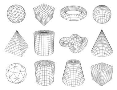 Düşük polimetrik çizgili geometrik şekiller, izole vektör üçgeni ve piramit, daire ve küp, silindir ve koni. Çokgen matematik ve geometri figürleri, çerçeve perspektifleri ayarlandı