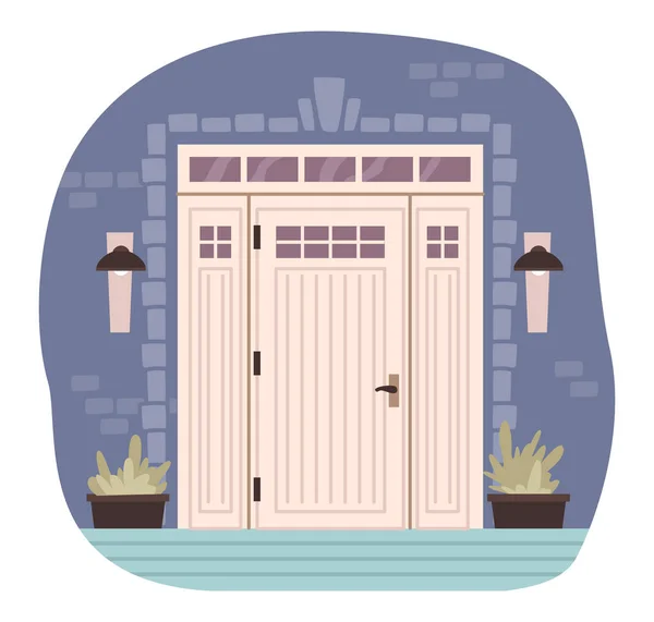 Вхідні Двері Ганок Декоративними Квітами Горщиках Підвісні Вогні Або Ліхтарі — стоковий вектор