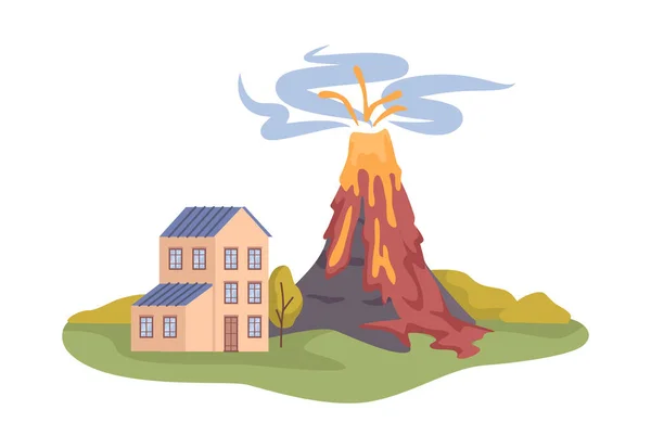 Volcano Eruption Natural Disasters Catastrophes Damages Devastation Ground Houses City — Stock Vector