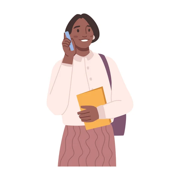 Kadını Öğrenci Telefonda Konuşuyor Akıllı Telefonlu Dosyasındaki Belgelerle Izole Edilmiş — Stok Vektör