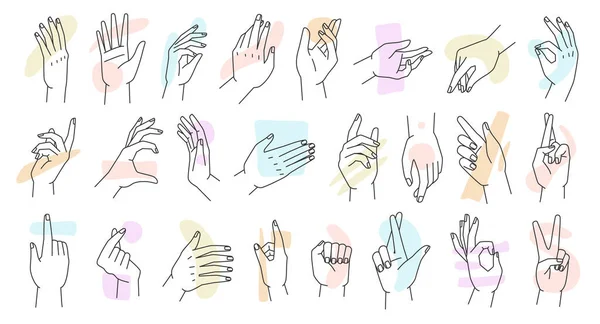 女性手图标收集线 矢量图解抽象典雅的女性双手的不同姿态 线性在流行的简约风格设置 肢体非语言 手臂交流 — 图库矢量图片