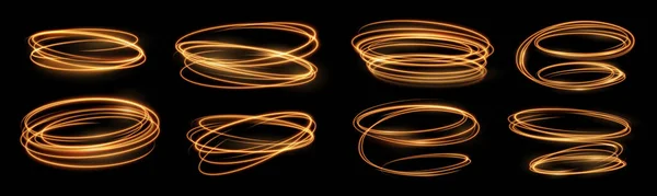 Efecto Espiral Resplandor Brillante Brillo Oro Círculos Luz Fuego Senderos — Vector de stock