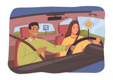 Kadın karakter sürücü kursunda araba kullanmayı öğreniyor. Eğitmen acemi sürücünün yanında arabada oturuyor. Düz çizgi film eğitimi ve sürüş dersi. Kadın ve erkek araçta oturuyor, vektör çizimi