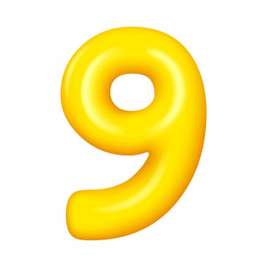 Dokuz numara 3D numara, üçüncü yıl dönümü balonu, düğün kartları zarif tabela. Vektör doğum günü partisi yazı tipi, 9 rakamlı altın sarısı metal, zarif balon tebrik kartı dekoru.