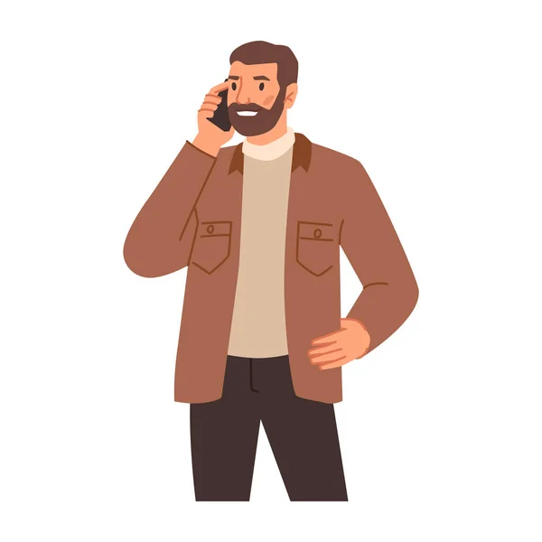 男の人は電話で話す スマートフォンの相互作用と通信と髭の男の隔離された肖像画 フラット漫画のキャラクター フラットスタイルのベクトル — ストックベクタ