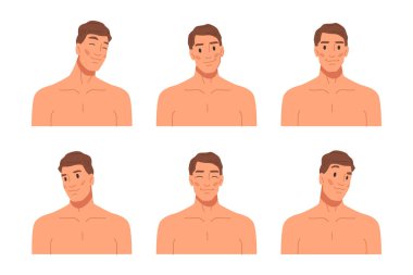 Sakalsız, yumuşak ve pürüzsüz bir cilt, izole edilmiş bir erkek yüz ifadesi ve iyi bir ruh hali. Cilt bakımı ve güzellik rutini. Düz çizgi film karakter vektörü