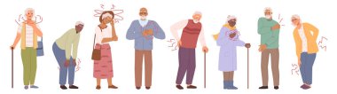 Sağlık sorunları ve yaşlıların sorunları. Tecrit edilmiş yaşlı insanlar, acı çeken ve acı çeken kadın ve erkekler. Düz çizgi film karakteri, vektör çizimi