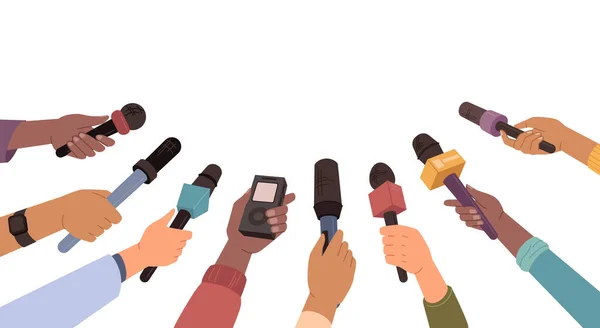 Journalistenhand Met Microfoons Voor Een Interview Vector Illustratie Van Microfoon — Stockvector