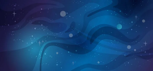 幻想的な宇宙や銀河 惑星や衛星を持つ星空 宇宙かコスモス 宇宙の旗の夜の青空の背景 宇宙と惑星のベクトルフラット漫画のイラスト — ストックベクタ