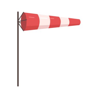 Havalimanı zemin rüzgar gücü ve hız göstergesi için kırmızı ve beyaz çizgili rüzgar konisi. Rüzgâr hızı bayrağının düz tasarım vektör çizimi