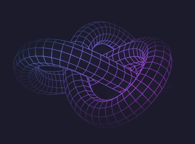 Düğüm ızgarası soyut figür düşük polyester neon şekli. Vektör geometrik şekil, kablo çerçevesi perspektifi. Geometri figürü hologram, izole edilmiş çokgen matematik hologram