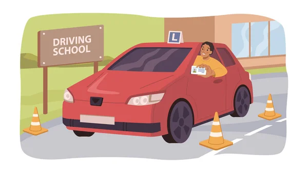 Person Passed Education Exam Driving School Flat Cartoon Vector Illustration — Stock Vector