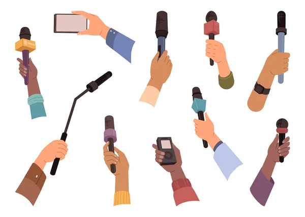Microphones Hands Audience Reportage Communication Flat Cartoon Vector Illustrations Radio — Stock Vector