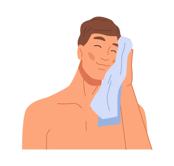 Männliche Persönlichkeit Trocknet Gesichtshaut Mit Weichem Handtuch Pflege Nach Der — Stockvektor