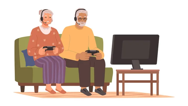 Люди Пожилого Возраста Используют Современные Технологии Развлечения Бабушка Дедушка Играют — стоковый вектор