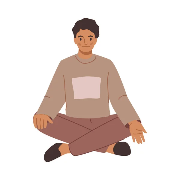 卡通男坐在瑜伽姿势 展示或宣布某事 促销和广告的概念 人坐着 手指点点 男方指点 用手势介绍产品 — 图库矢量图片