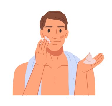 Cilt bakımı hassas cilt için losyon ve krem sürüyor. Omuzlarında havluyla yüzü kollayan yalnız bir adam. Düz çizgi film karakteri, vektör çizimi