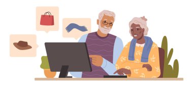 Emekliler modern teknolojileri ve aletleri kullanıyorlar. Üst sınıflar internetten kıyafet ve aksesuar alıyorlar, dizüstü bilgisayardan sipariş veriyorlar. Düz çizgi film karakter vektörü