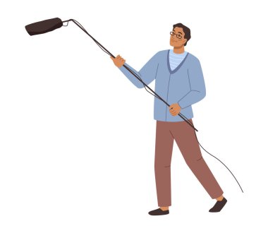 Gazeteci röportajcı, gazetecinin haber yapmasına yardım ediyor. Çizgi film tarzında vektör illüstrasyonu. Sahne arkası çalışanı, video ve film yapımcısı, mikrofonlu bir kameraman