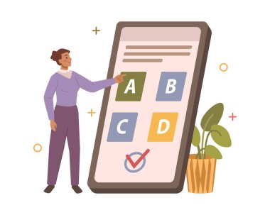 Akıllı telefondan yapılan çevrimiçi test, izole edilmiş, telefondan soru soran ve doğru cevabı seçen kadın şahıs. Sınav ya da eğitim kontrolü. Düz çizgi film karakteri, vektör çizimi
