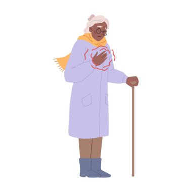 Anjin ya da göğüs ağrısı, kalp krizi ya da vücut parçası tutan yaşlı bir kadının felci. Yürüme sopasıyla izole edilmiş bir büyükanne. Düz çizgi film karakteri, vektör çizimi