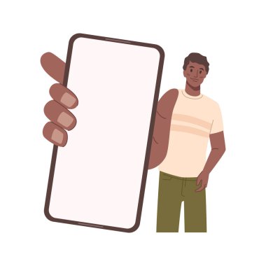 Mobil ekranı boş, düz çizgi film çizimi olan Afro-Amerikan bir adam. Eldeki akıllı telefon boş ekran gösteriyor. Erkek kişi ekranda bir şey gösteriyor