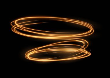 Işık saçan kuyruklar izole edilmiş. Siyah arka planda parlak kıvrımlar. Vektör altın parıltı ve pırıl pırıl dönen kıvrımlar. Soyut altın ateş ışığı etkisi dalgaları