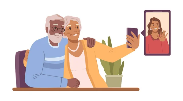 Coppia Pensionati Che Utilizzano Smartphone Parlare Online Tramite Videochiamata Anziani — Vettoriale Stock